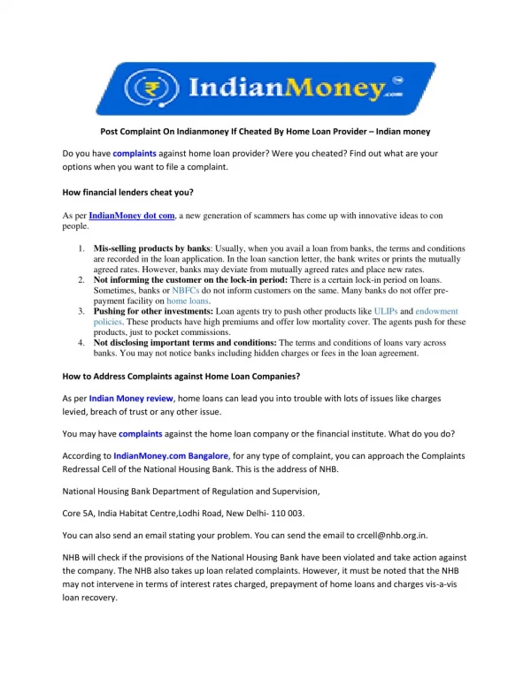 Post Complaint On Indianmoney If Cheated By Home Loan Provider – Indian money