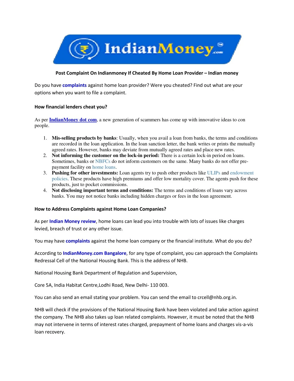 post complaint on indianmoney if cheated by home