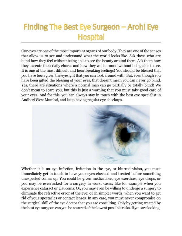 Finding The Best Eye Surgeon in Andheri West Mumbai - Arohi Eye Hospital