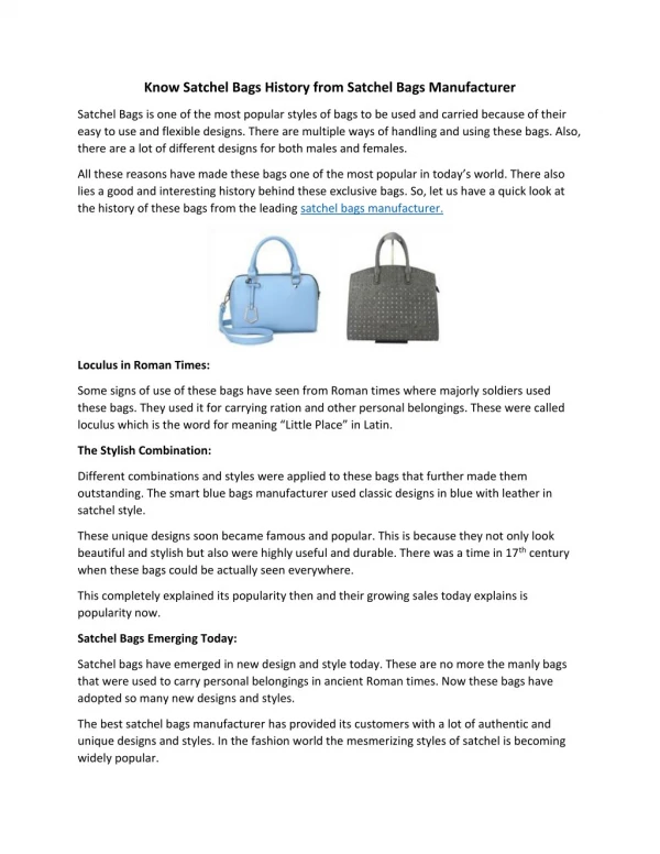 Know Satchel Bags History from Satchel Bags Manufacturer