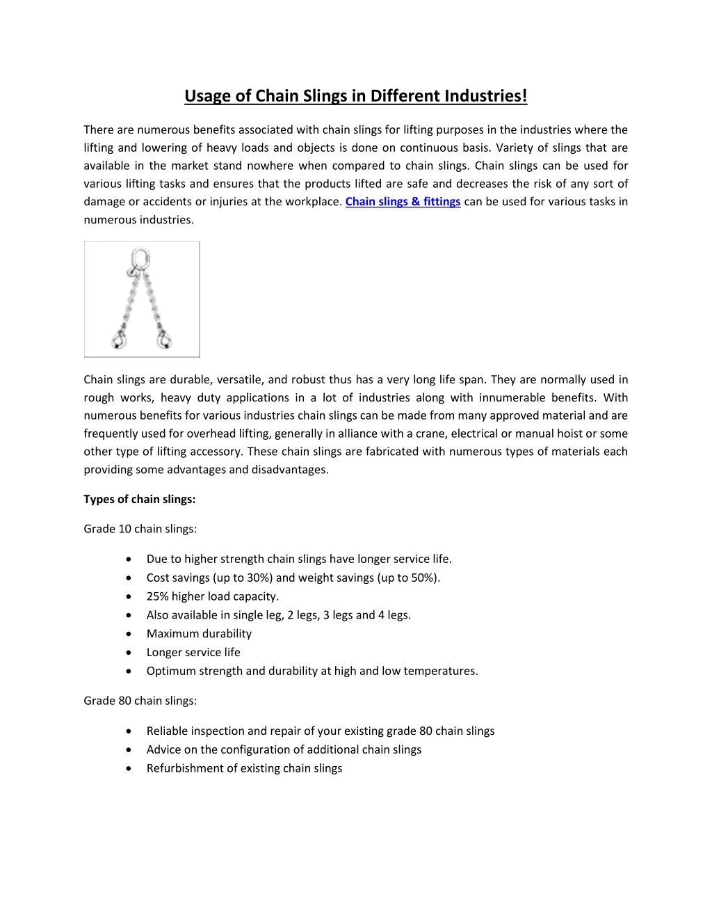 usage of chain slings in different industries