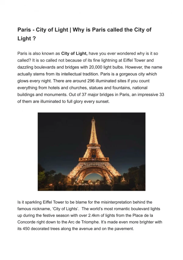 Paris - City of Light | Why is Paris called the City of Light ?
