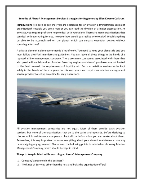 Benefits of Aircraft Management Services | Ellen Kwame Corkrum