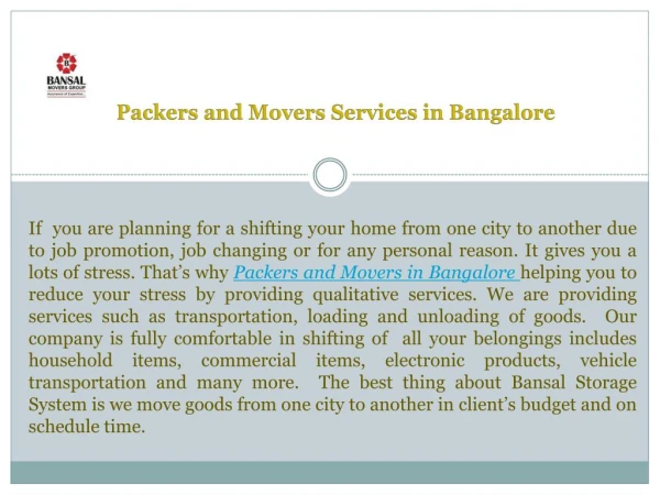 Packers and Movers Services in Bangalore