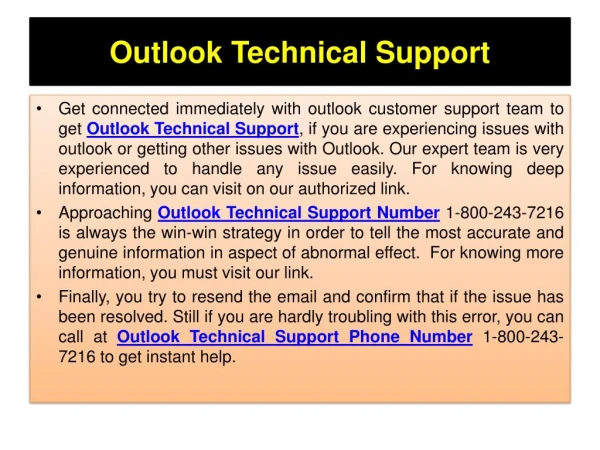 Outlook Technical Support Dial Number 1-800-243-7216