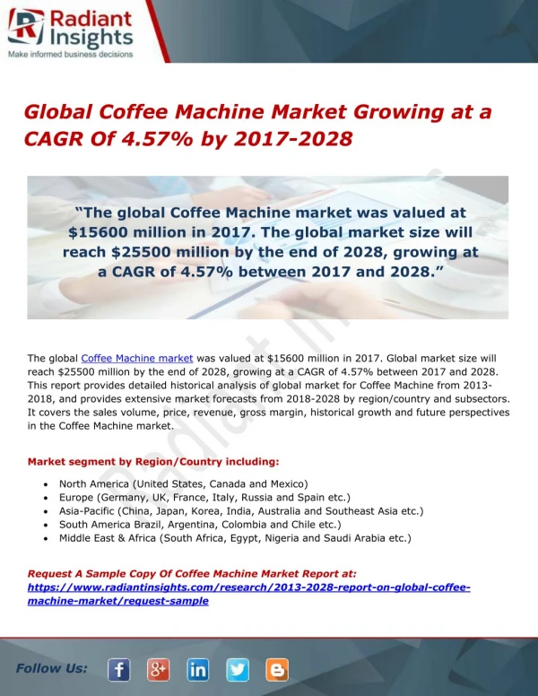 Global Coffee Machine Market Growing at a CAGR Of 4.57% by 2017-2028