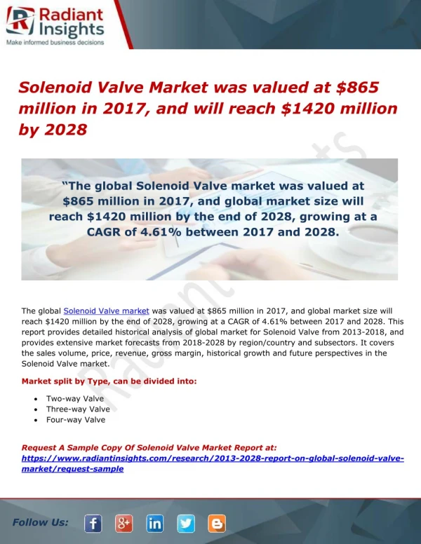Solenoid Valve Market was valued at $865 million in 2017, and will reach $1420 million by 2028