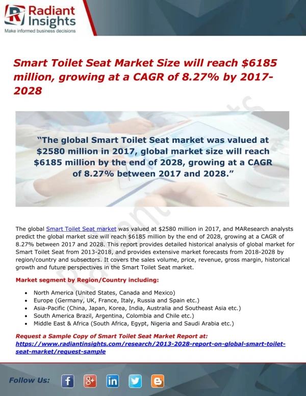Smart Toilet Seat Market Size will reach $6185 million, growing at a CAGR of 8.27% by 2017-2028