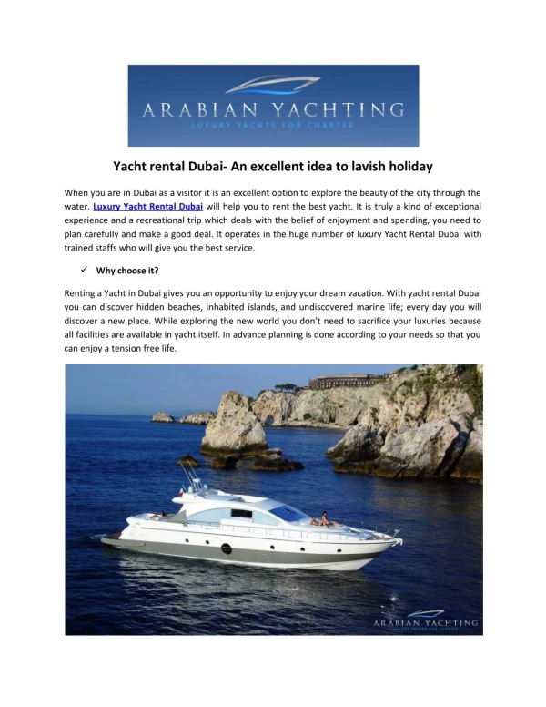 An excellent idea to lavish holiday with Yacht rental Dubai