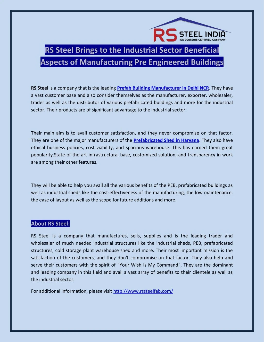 rs steel brings to the industrial sector