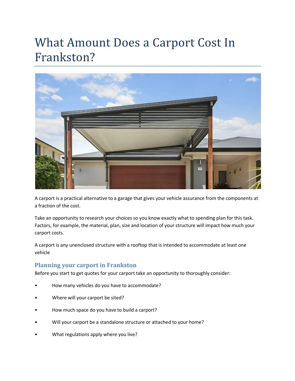 what amount does a carport cost in frankston