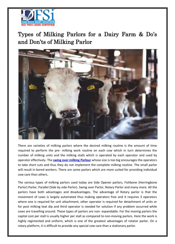 Types of Milking Parlors for a Dairy Farm & Do’s and Don’ts of Milking Parlor