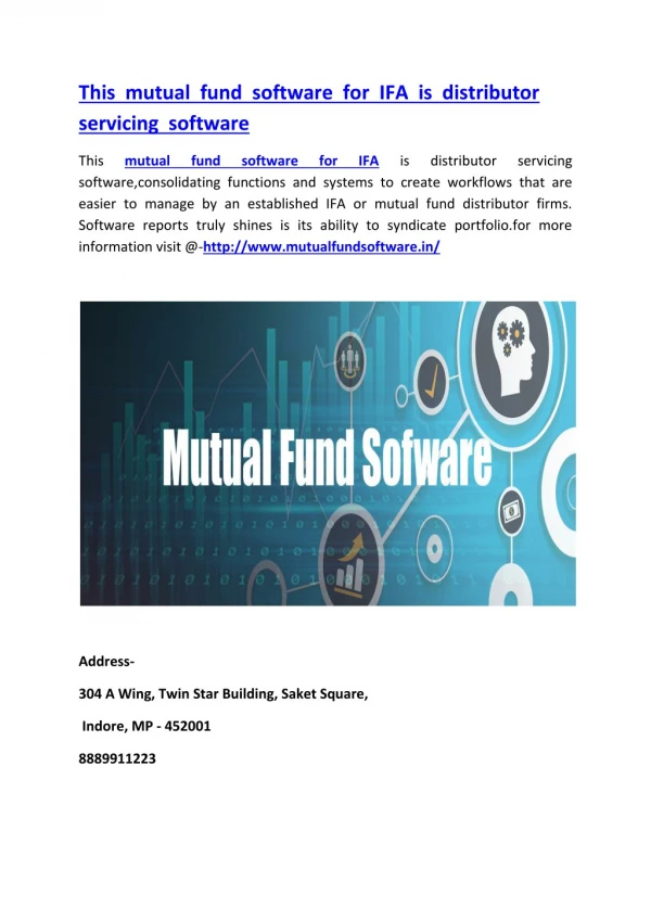 This mutual fund software for IFA is distributor servicing software