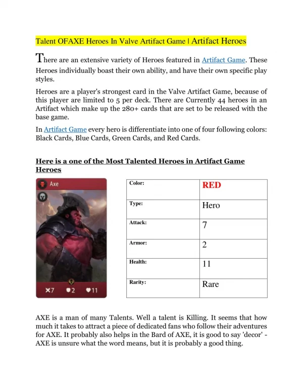 Talent OFAXE Heroes In Valve Artifact Game | Artifact Heroes