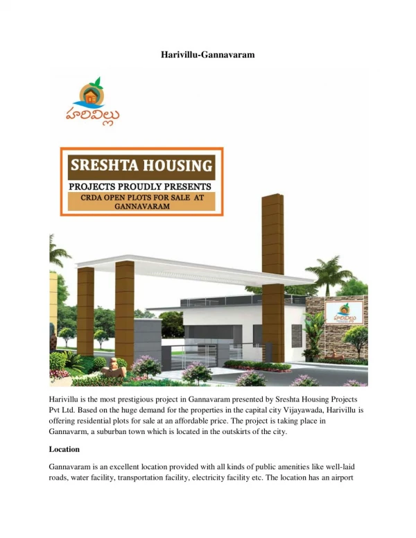 Harivillu is prestigious project in Gannavaram presented by Sreshta Housing Projects Pvt Ltd