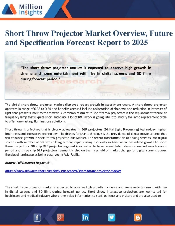 Short Throw Projector Market Overview, Future and Specification Forecast Report to 2025