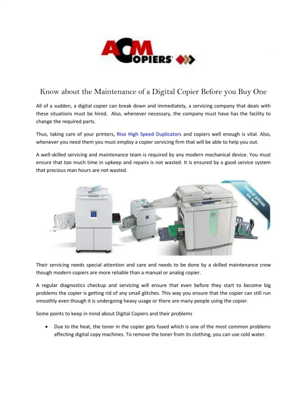 Know about the Maintenance of a Digital Copier Before you Buy One