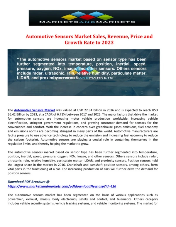 Automotive Sensors Market Sales, Revenue, Price and Growth Rate to 2023