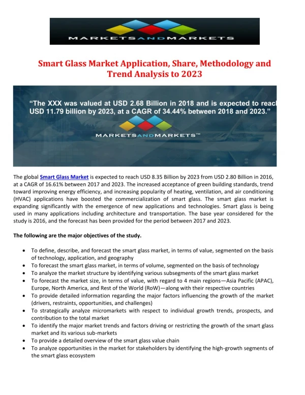 Smart Glass Market Application, Share, Methodology and Trend Analysis to 2023