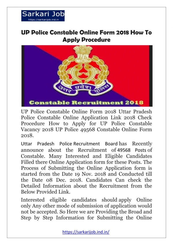 UP Constable Application Form 2018