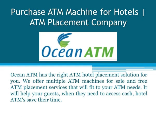 Purchase ATM Machine for Hotels | ATM Placement Company