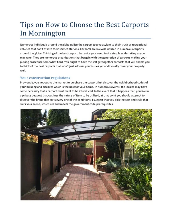 Tips on How to Choose the Best Carports In Mornington