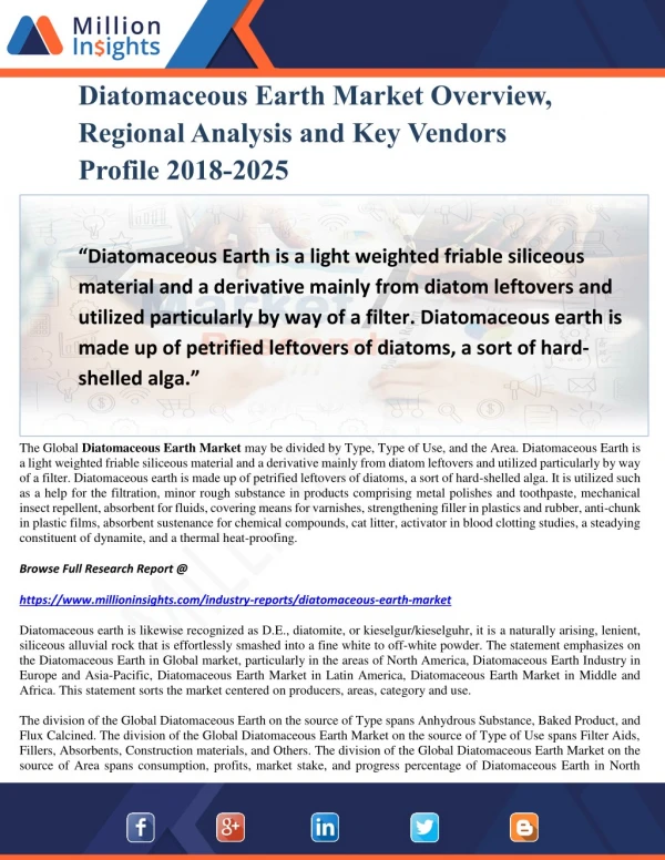 Diatomaceous Earth Market Overview, Regional Analysis and Key Vendors Profile 2018-2025