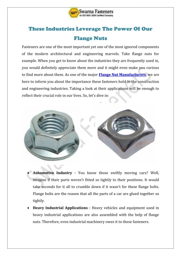These Industries Leverage The Power Of Our Flange Nuts