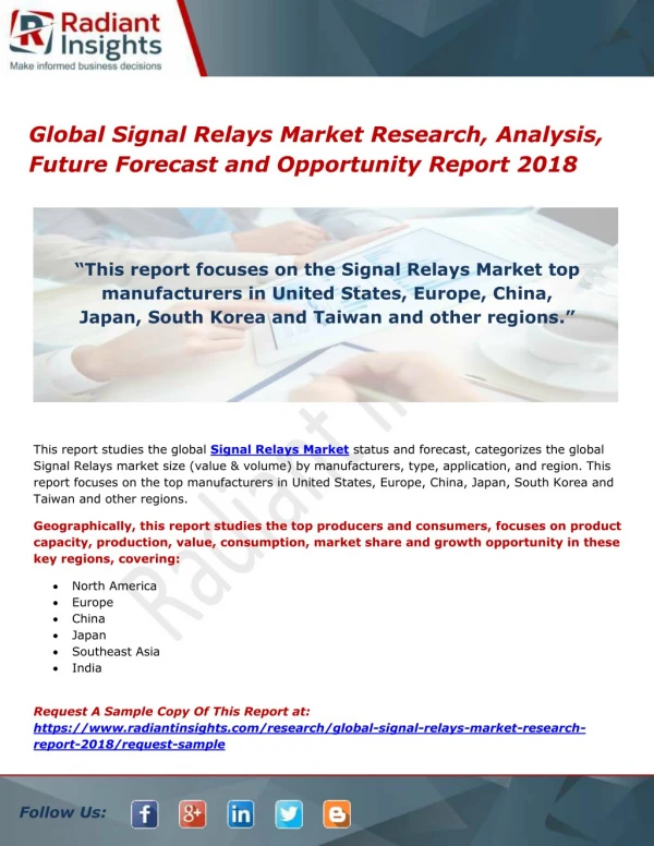 Global Signal Relays Market Research, Analysis, Future Forecast and Opportunity Report 2018