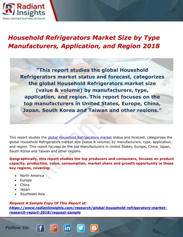 Household Refrigerators Market Size by Type Manufacturers, Application, and Region 2018