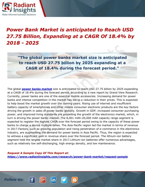 Power Bank Market is anticipated to Reach USD 27.75 Billion, Expanding at a CAGR Of 18.4% by 2018 - 2025