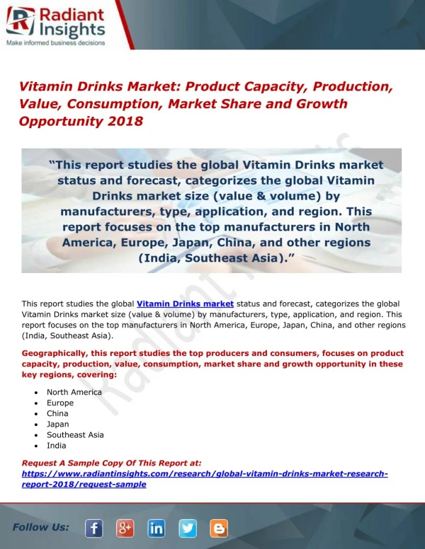 Vitamin Drinks Market Product Capacity, Production, Value, Consumption, Market Share and Growth Opportunity 2018