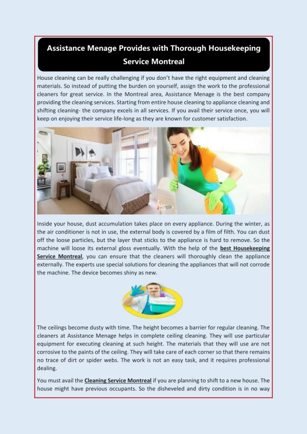 Assistance Menage Provides with Thorough Housekeeping Service Montreal