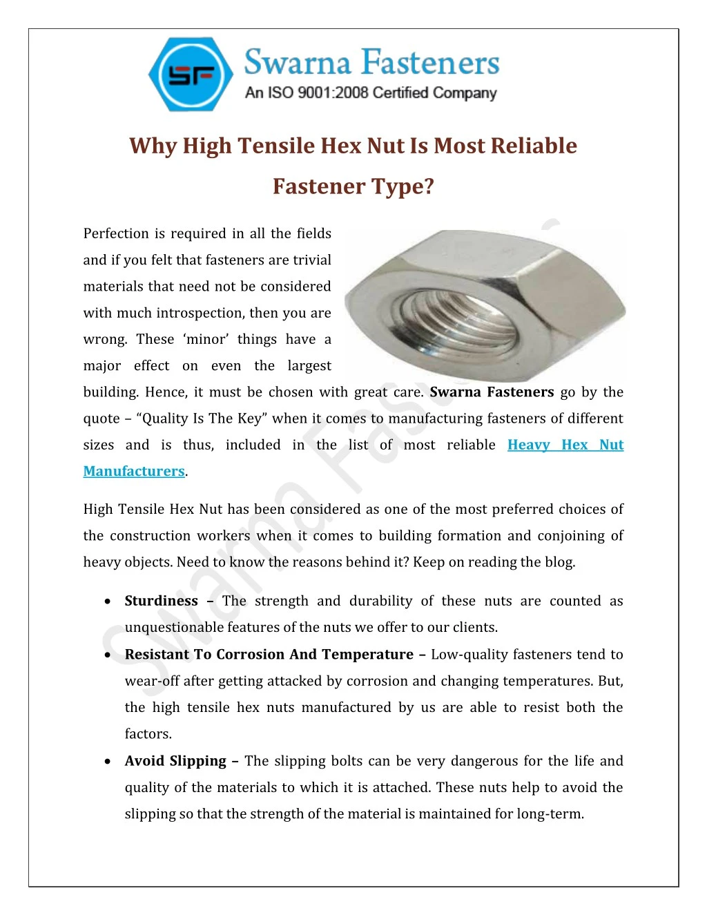 why high tensile hex nut is most reliable