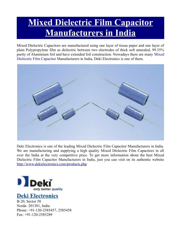 Mixed Dielectric Film Capacitor Manufacturers in India