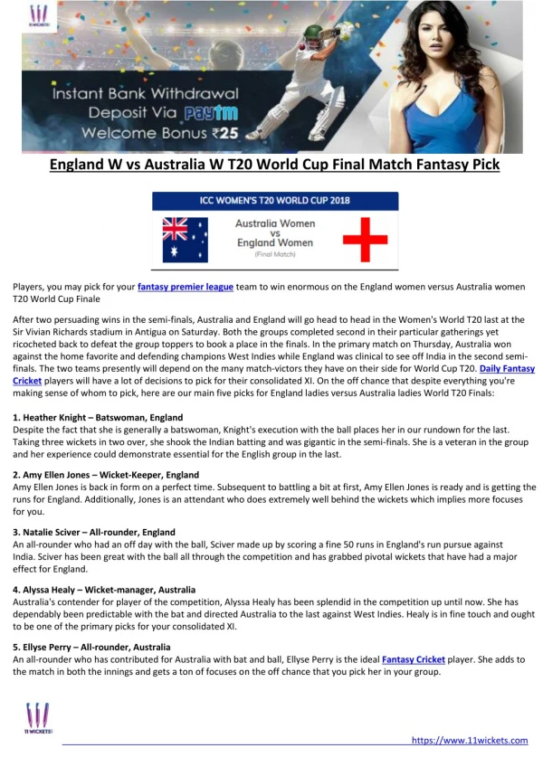 England W vs Australia W T20 World Cup Final Match Fantasy Pick