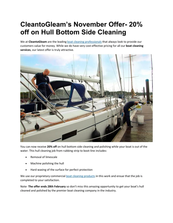 CleantoGleam’s November Offer- 20% off on Hull Bottom Side Cleaning
