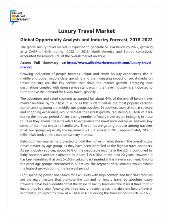 Top Investment Pockets Luxury Travel Market Forecast 2022