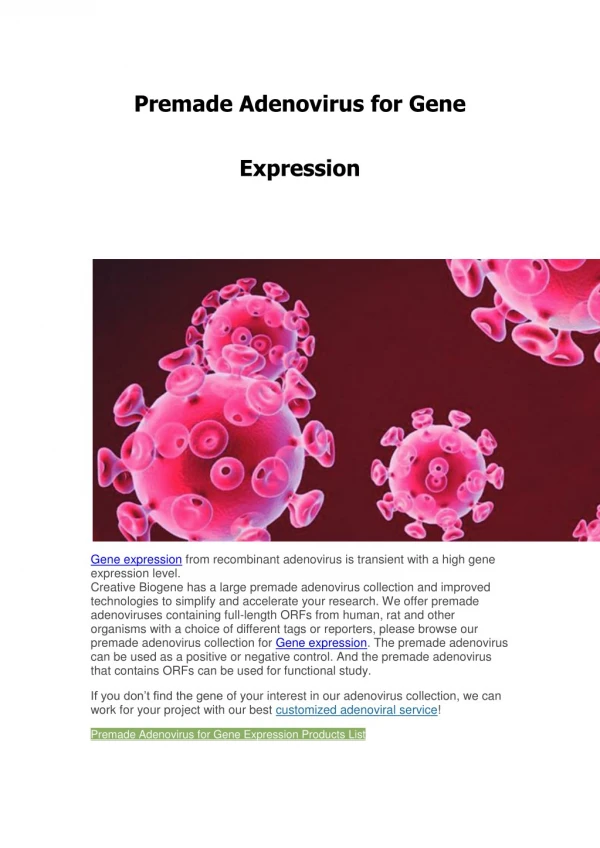 Premade Adenovirus for Gene Expression