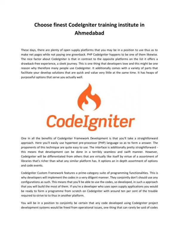 Choose finest CodeIgniter training institute in Ahmedabad