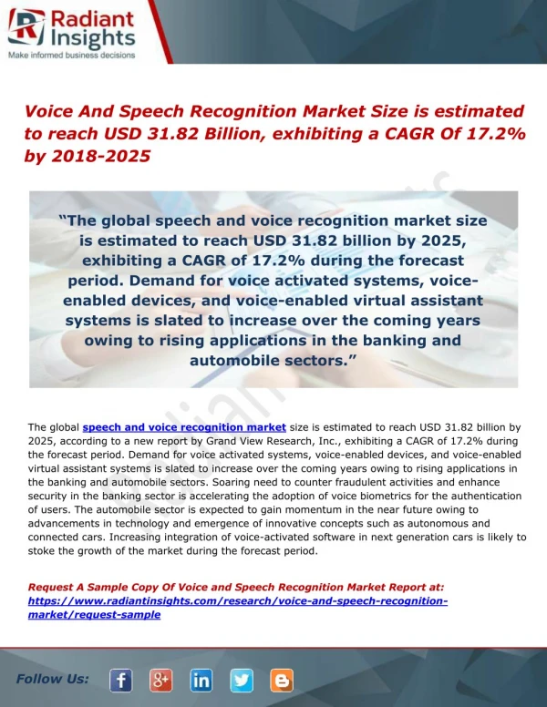 Voice And Speech Recognition Market Size is estimated to reach USD 31.82 Billion, exhibiting a CAGR Of 17.2% by 2018-202