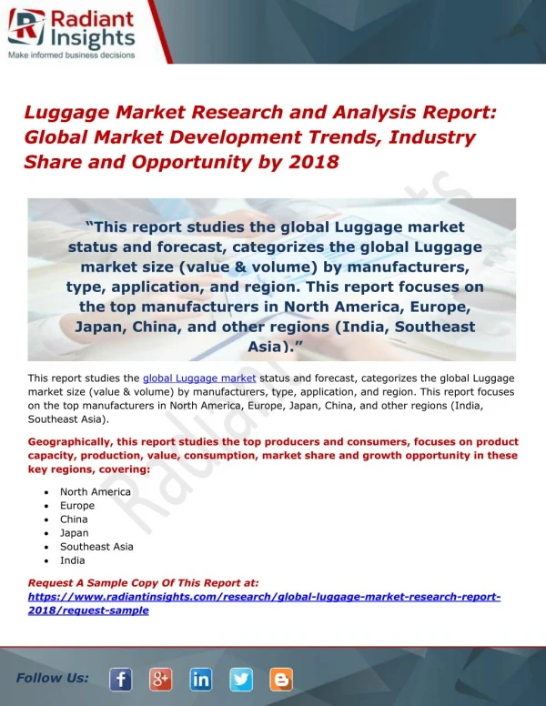 Luggage Market Research and Analysis Report- Global Market Development Trends, Industry Share and Opportunity by 2018