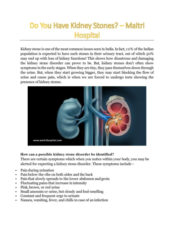 Do You Have Kidney Stones? - Maitri Hospital Kota