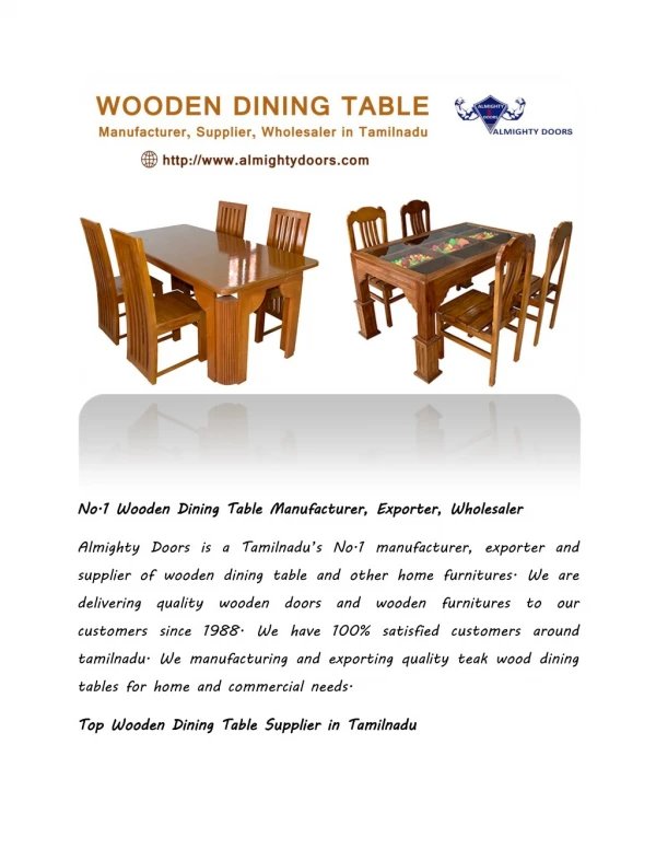 No.1 Wooden Dining Table Manufacturer, Exporter, Wholesaler