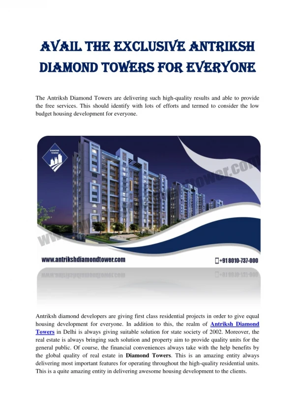 Avail the Exclusive Antriksh Diamond Towers for Everyone