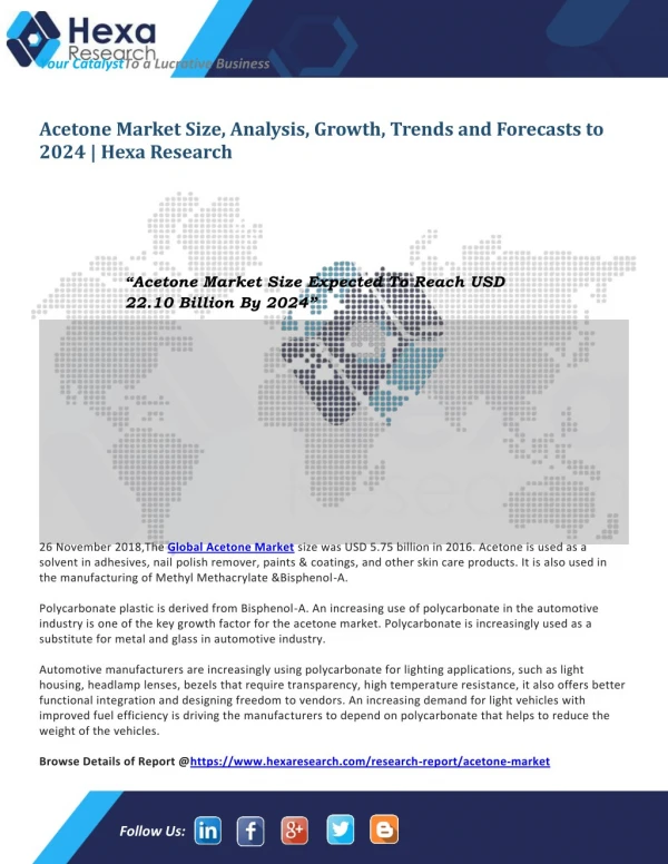 Global Acetone Market Size, Industry Analysis & Demand Report, 2014-2024