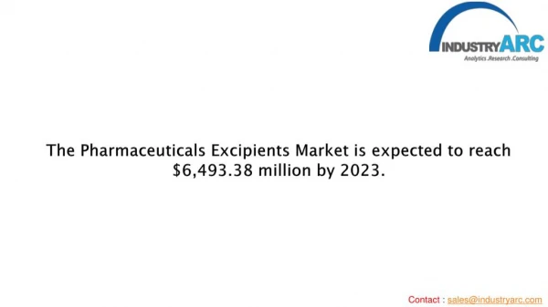 The Pharmaceuticals Excipients Market is expected to reach $6,493.38 million by 2023.