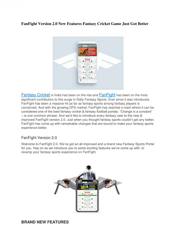 FanFight Version 2.0 New Features Fantasy Cricket Game Just Got Better