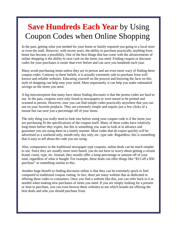 Save Hundreds Each Year by Using Coupon Codes when Online Shopping