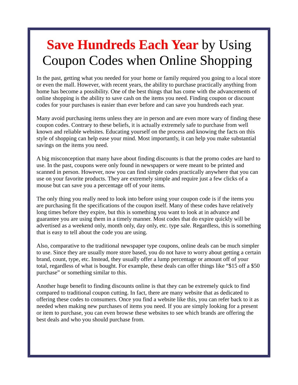 save hundreds each year by using coupon codes